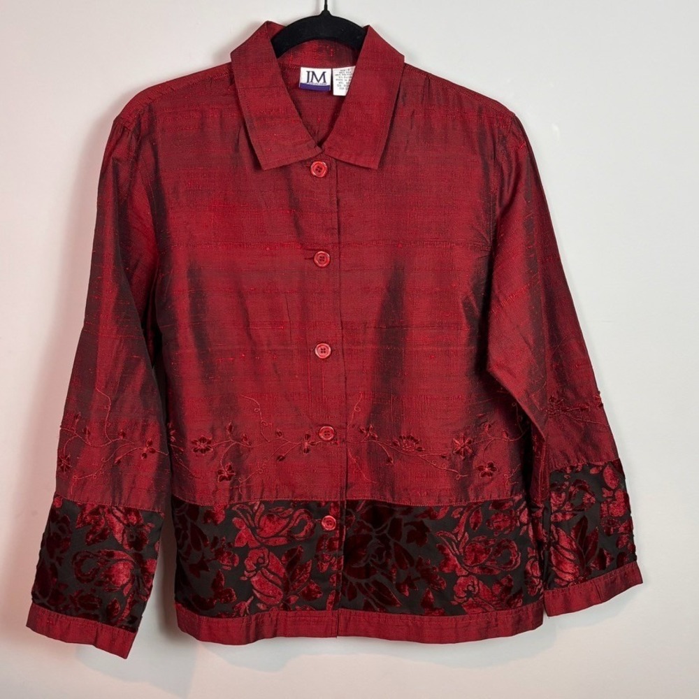 JM Collection VTG Womens Red Silk Blend Button up SM Velvet Burnout Gothic boho
